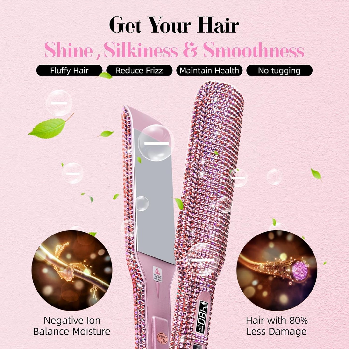 DORISILK Crystal Diamond Professional Hair Straightener, 2 Inch Titanium Flat Iron Bling Rhinestone Straightening Iron Curling 2 in 1, Salon High Heat 480 °F, Instant Heat Up, Dual Voltage, Rose Pink