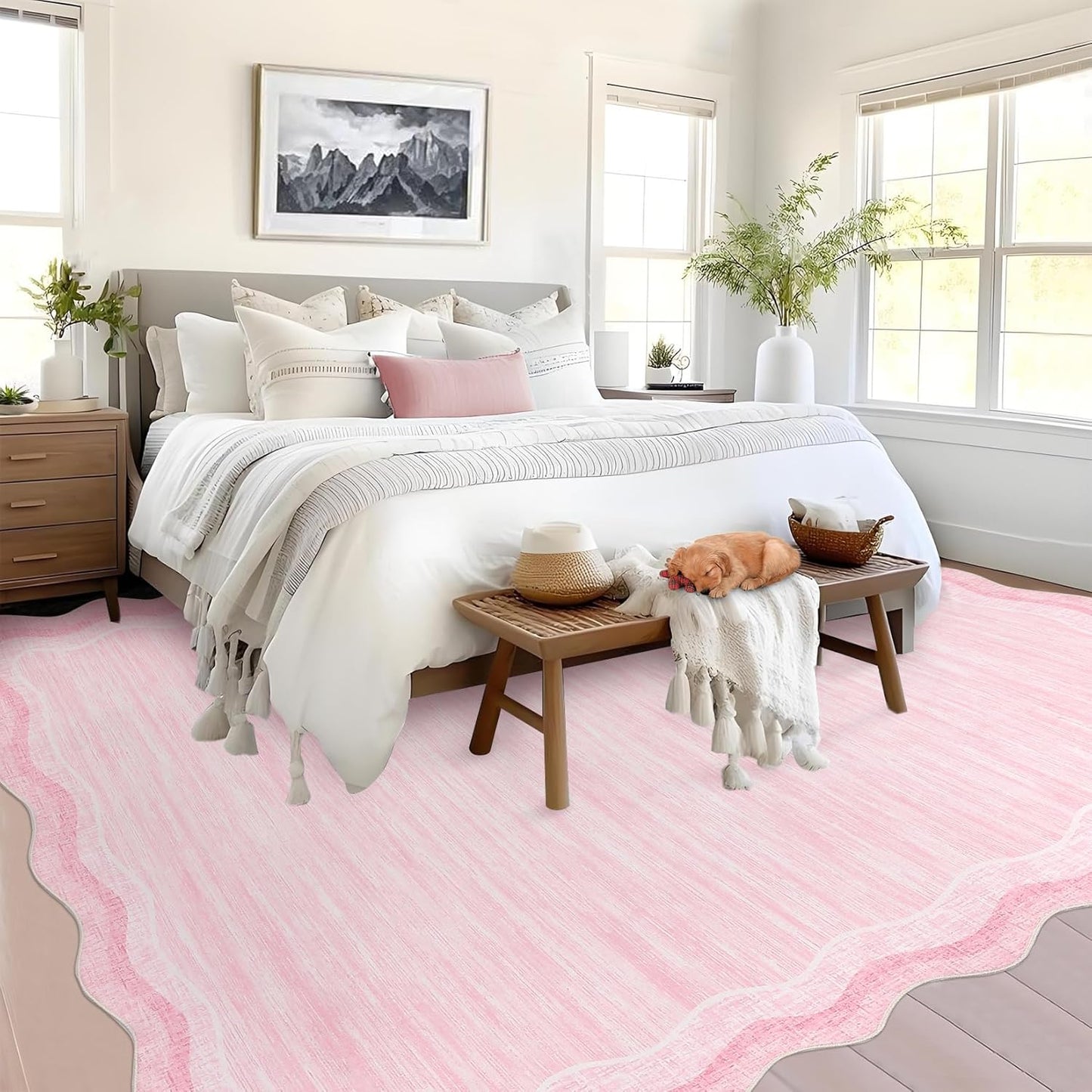 GarveeHome Washable Area Rug 9x12 Scalloped Rugs for Living Room 9x12 Large Scalloped Carpet, Non-Shedding Contemporary Easy Cleaning Mats, Solid Modern Pink Rug for Bedroom Dining Room Playroom