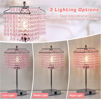 Luvkczc Crystal Touch Table Lamp, Bedside Lamp with USB C+A Ports, Pink Lamp, Dimmable Lamp with Crystal Shade, Nightstand Lamp for Girl Bedroom, Living Room, Bulb Included
