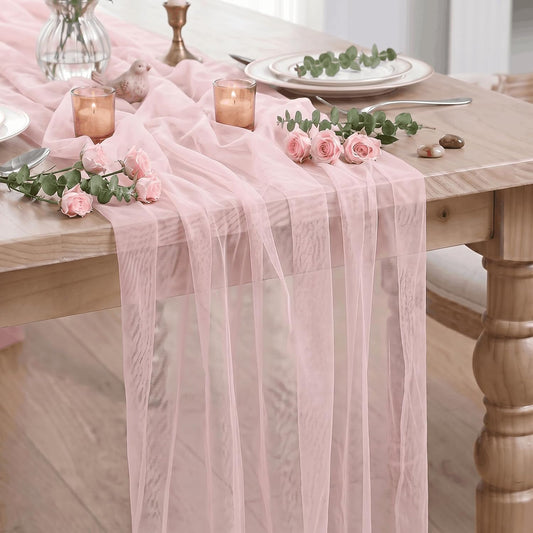 Artoid Mode 6Pcs Blushing Pink Gauze Table Runner 28x120Inch, Seasonal Sheer Kitchen Dining Holiday Wedding Birthday Baby Shower Table Decor for Home Party