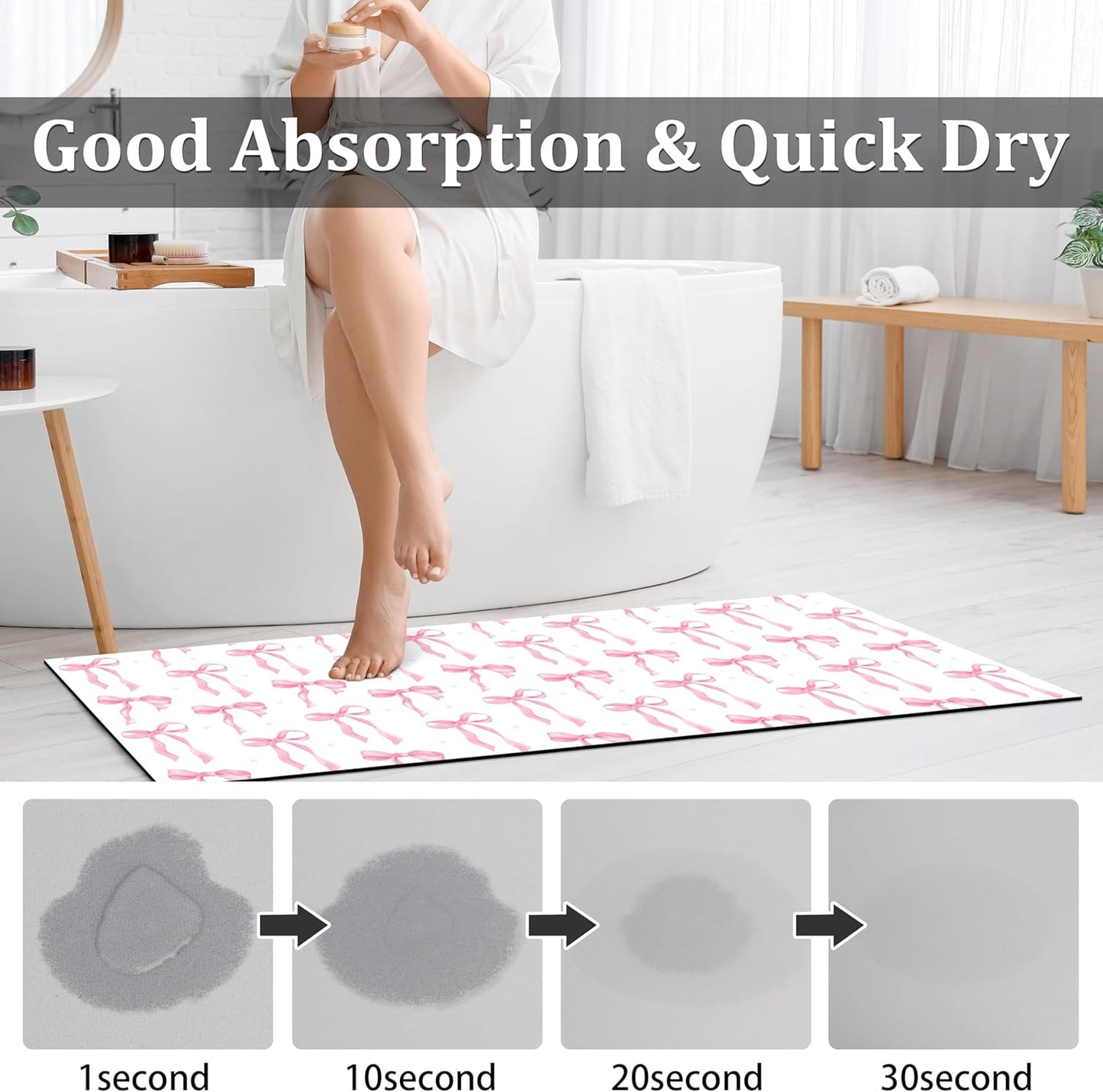 Pink Bow Bathroom Rugs 17X47 Inch Long Cute Bath Mats Pink Bathroom Decor Absorbent Non Slip Bath Rug with Rubber Backing for Home Laundry
