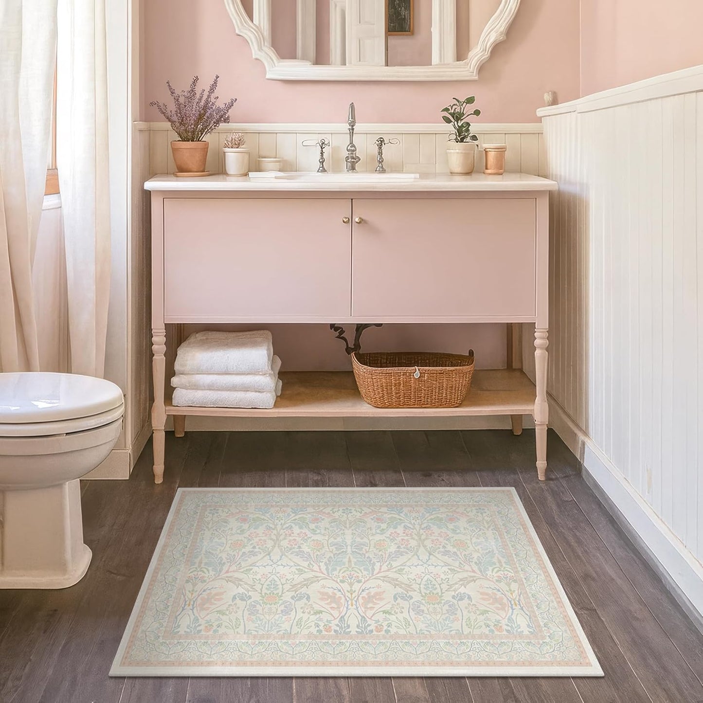 Light Pink Area Rug 2x3 Non Slip Washable, Ultra Soft Small Throw Rugs for Bedroom Girls, Thin Bathroom Rugs Fit Under Door, Powder Room, Low Pile Floral French Country Carpet for Mudroom, Kitchen