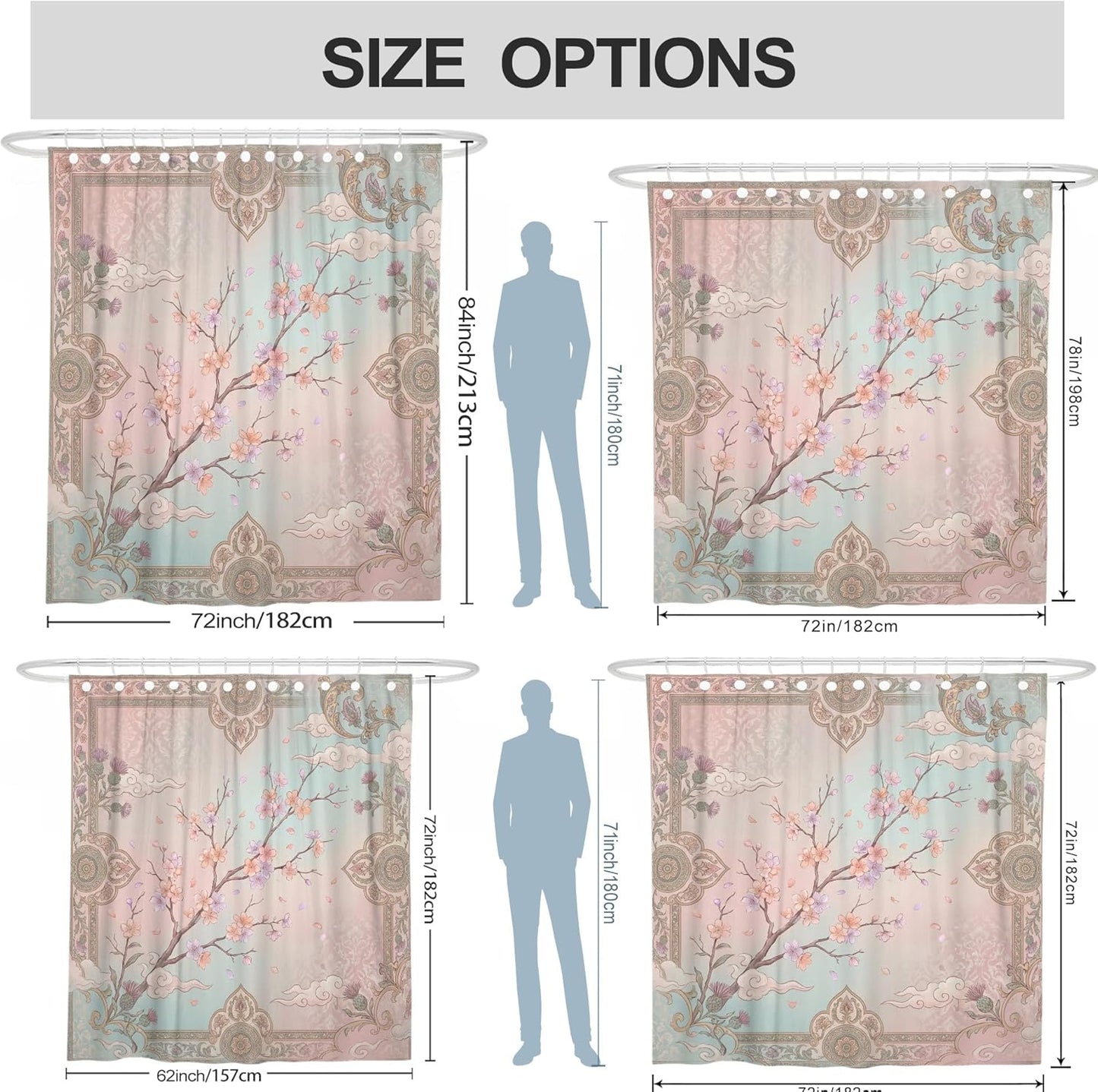 Cherries Blossom Shower Curtain, Oriental Elegant Cloud Ornate Frame Spring Pastel Peach Waterproof Fabric Bathtub Cloth Curtains for Home Bathroom Toile Hotel Decor 72x72 Inch