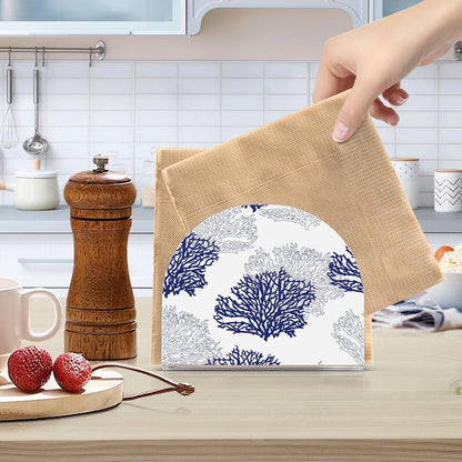 Coral Patterned Navy Blue Gray White Napkin Holder for Table Acrylic Cocktail Napkin Holders Decorative Tissue Dispenser Vertical Napkin Holder for Home Decor Kitchen Dining, 2 PC