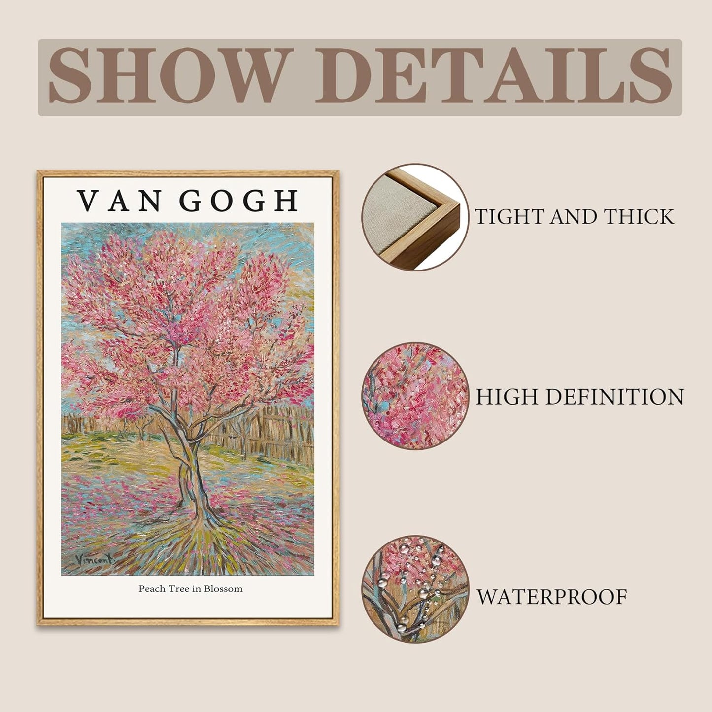 LARAGE Van Gogh Framed canvas Wall Art,Peach Tree in Blossom Botanical Impressionist Artwork,Classic Art Reproductions for Living Room Bedroom Home Decor-12x16 Inch