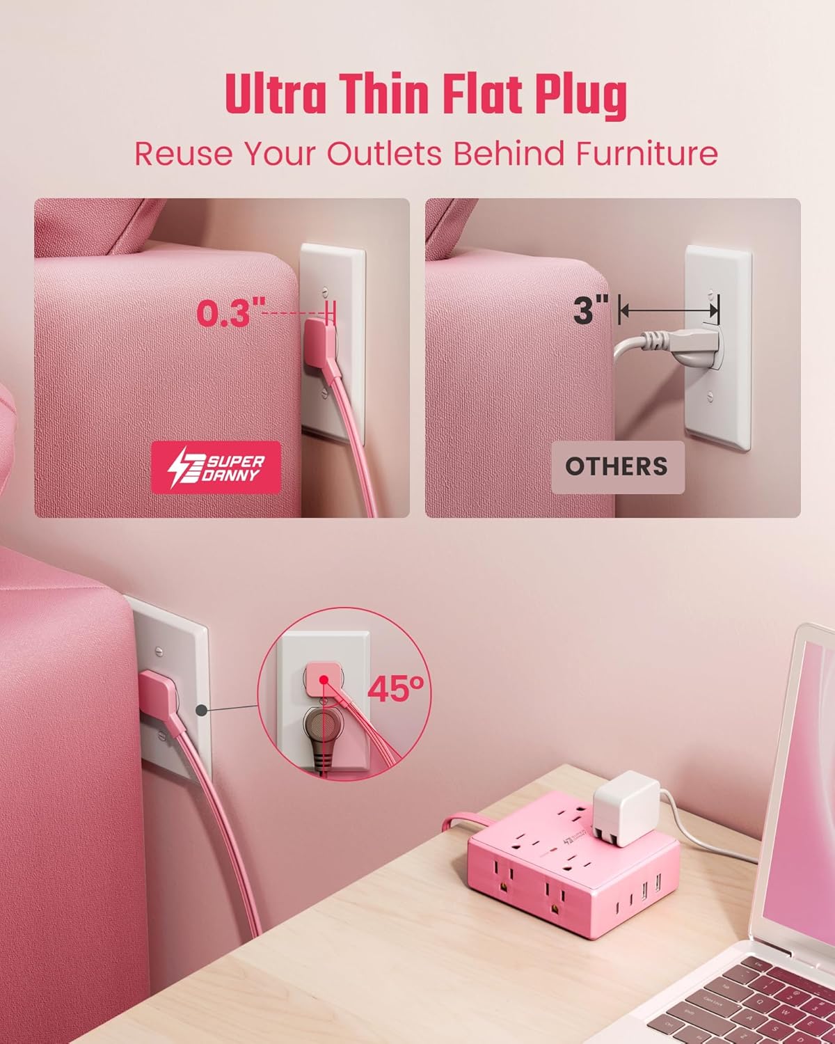 Pink Extension Cord 10Ft, Flat Plug Surge Protector Power Strip, 8 Outlets & 4 USB Ports (2 USB C), Cute Stuff Pink Room Decor, Home Office Kawaii Desk Accessories for Girls