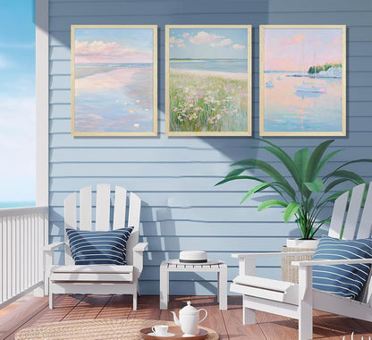 3Pcs Pink Beach Wall Art Pastel Coastal Canvas Wall Decor White sailboat Pictures Preppy Summer Beachy Posters Ocean Wildflowers Painting Print Artwork for Beach House Bedroom Dorm Apartment,Unframed