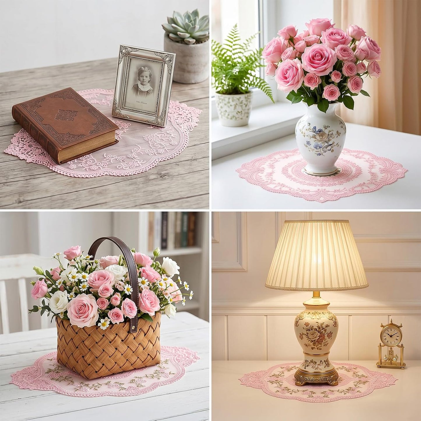 3 Pcs Pink Retro Lace Placemats, 12x16 in Lace Doilies for Tables French Crochet Oval Embroidered Table Place Mats for Wedding Party Home Vase Cup Mat Table Decor(3 Sizes)