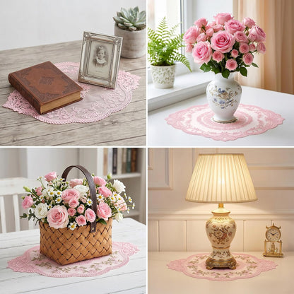 3 Pcs Pink Retro Lace Placemats, 12x16 in Lace Doilies for Tables French Crochet Oval Embroidered Table Place Mats for Wedding Party Home Vase Cup Mat Table Decor(3 Sizes)