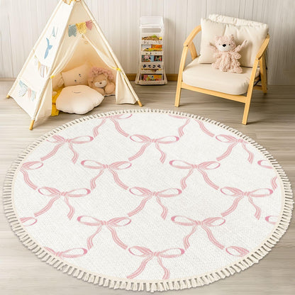 Pink Bow Rug Round Rugs Cute Coquette Pattern Seamless Pink Ribbon Bow White Boho Area Rugs Linen and Cotton Carpet Meditation Rug Washable Hallway Runner Mat for Bedroom Nursery 6ft