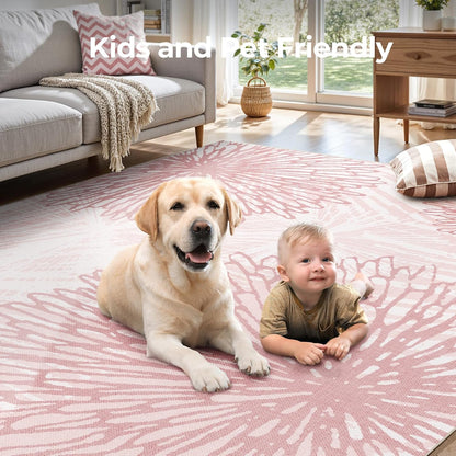 Pink Rugs for Bedroom Girls: 8x10 Modern Large Washable Soft Cute Boho Floral Pattern Area Rug Neutral Indoor Floor Non-Slip Carpet for Living Room Dining Nursery Kids Playroom Baby Room House Decor