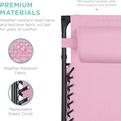Best Choice Products Folding Zero Gravity Outdoor Recliner Patio Lounge Chair w/Adjustable Canopy Shade, Headrest, Side Accessory Tray, Textilene Mesh - Bubblegum Pink
