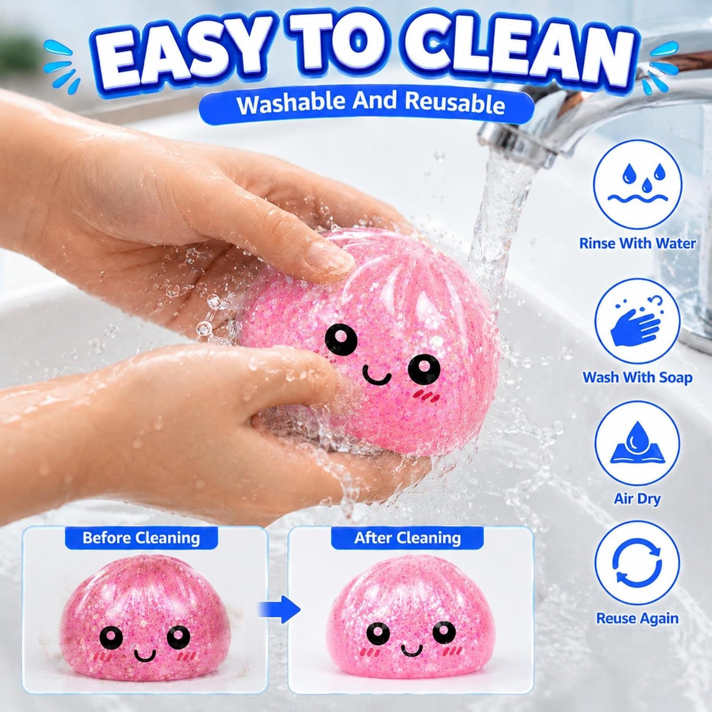 Mystery Sparkly Pink Dumpling Squishies with Steamer Box, Soft Stretchy Bao Bun Stress Relief Balls, Sensory Fidget Squeeze Toys for Anxiety Relief, Decompression Desk Toys