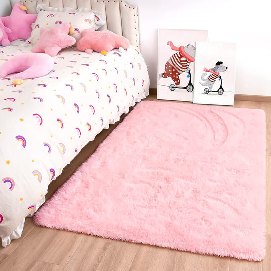 2x3 Pink Area Rug for Kids Entryway Kitchen, Fluffy Shag Soft Plush Furry Carpet Solid Color, Non-Slip Indoor Floor Mat for Bathroom Living Room Bedroom Home Decor