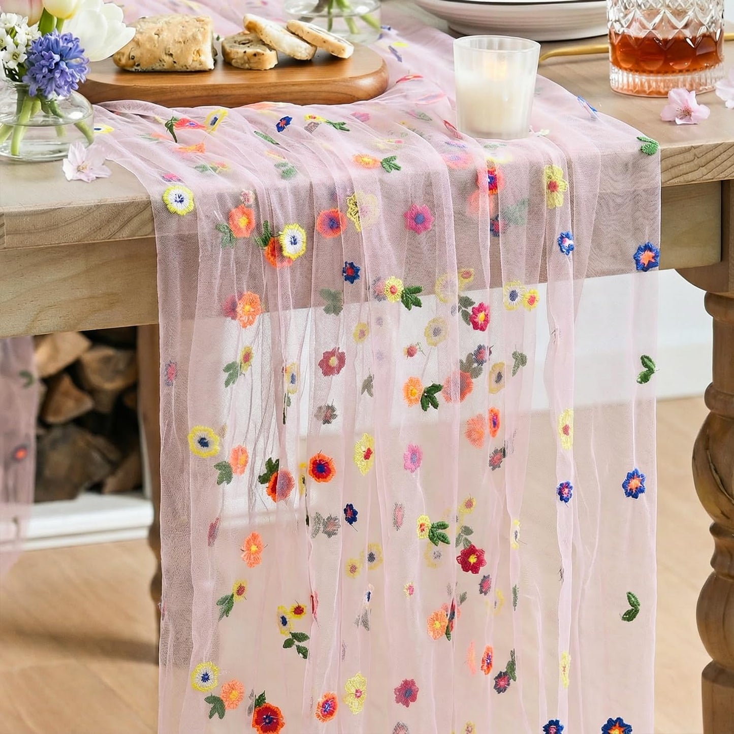Artoid Mode Pink Embroidery Daisy Gauze Table Runner 120 Inch 10FT, Seasonal Sheer Kitchen Dining Holiday Wedding Birthday Table Decor for Home Party