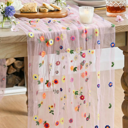 Artoid Mode Pink Embroidery Daisy Gauze Table Runner 120 Inch 10FT, Seasonal Sheer Kitchen Dining Holiday Wedding Birthday Table Decor for Home Party