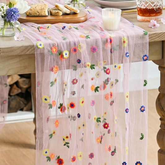 Artoid Mode Light Pink Wildflower Floral Gauze Embroidery Table Runner 120 Inch 10FT, Tulle Seasonal Spring Kitchen Dining Table Decor for Home Party