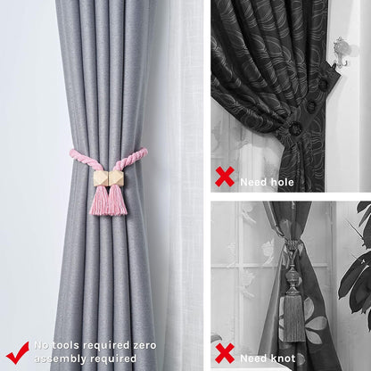 NICEEC 2 Pack Wooden Polyhedron Magnetic Curtain Tiebacks Boho Home Decor Drape Tie Backs Natural Cotton Hand Woven Rope Curtain Holdbacks for Home & Office Window Draperies (Pink)