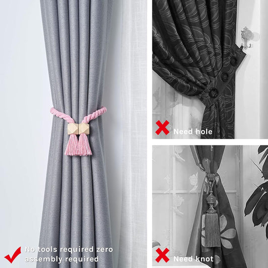 NICEEC 2 Pack Wooden Polyhedron Magnetic Curtain Tiebacks Boho Home Decor Drape Tie Backs Natural Cotton Hand Woven Rope Curtain Holdbacks for Home & Office Window Draperies (Pink)