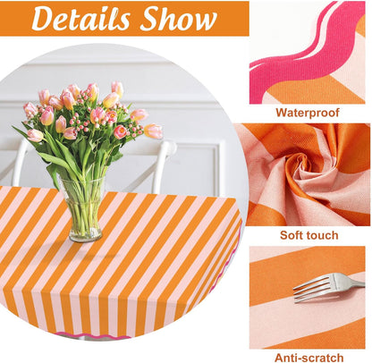 Whaline Scalloped Edge Tablecloth, Orange Pink Striped, 55 x 70 Inch | Waterproof Fabric Tablecloth, Rectangle Table Cover, for Home Kitchen Table Decoration