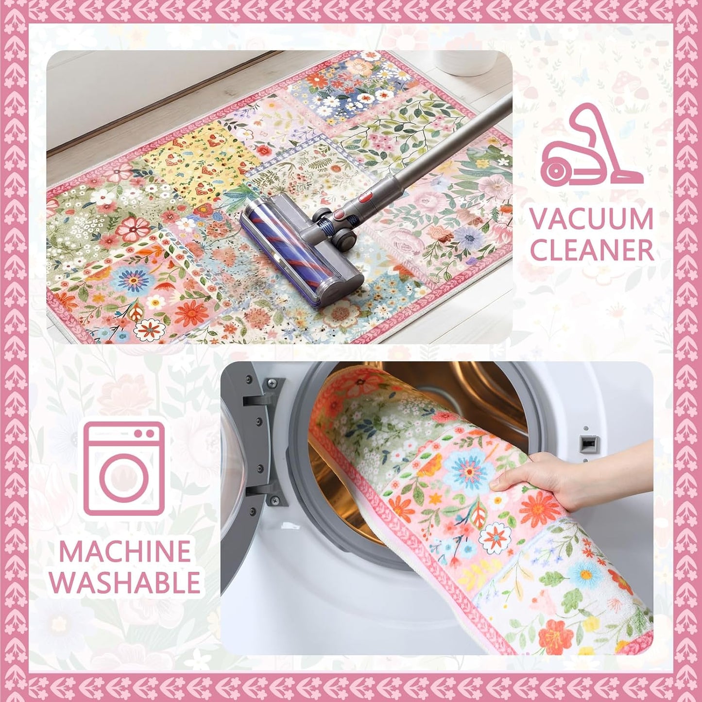 Dunzy 2x3ft Pink Floral Quilted Door Mat Flower Cute Pastel Spring Patchwork Rug Washable Non Slip Carpet for Entryway Bedroom Living Room Kitchen Laundry Front Indoor