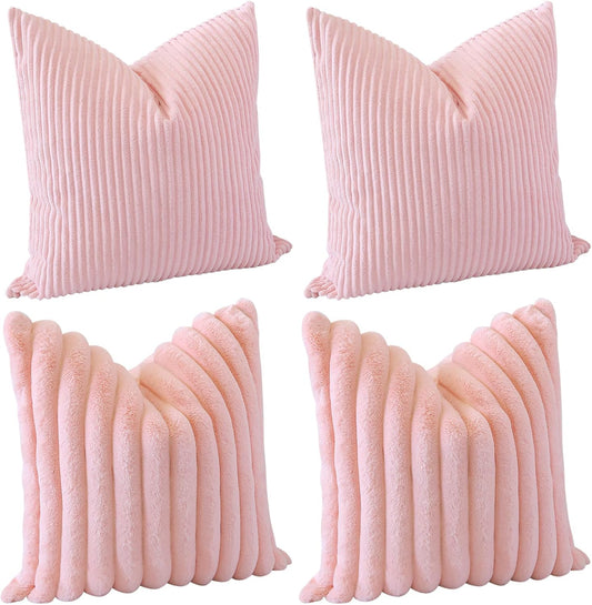 OTOSTAR Set of 4 Corduroy Soft Decorative Throw Pillow Covers 18x18 Inch Faux Fur Plush Pillow Covers Fuzzy Striped Luxury Cushion Case Pillowcase for Couch Sofa Bed Home Living Room Decor (Pink)