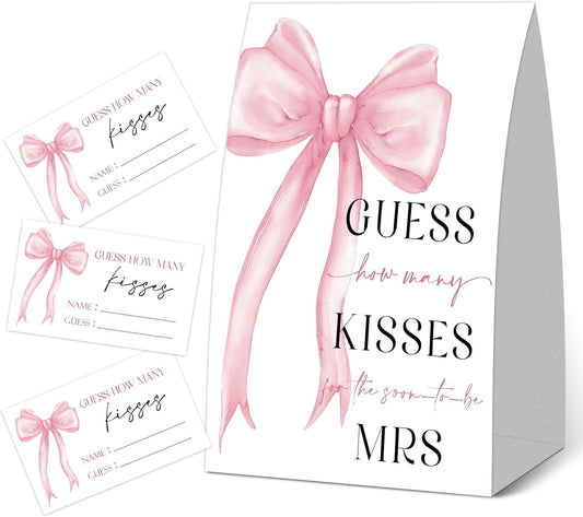 How Many Kisses Bridal Shower Game, Pink Bow Wedding Games for Guest, Engagement Party Games, Bachelorette Party Night, Bridal Shower Games Ideas, Wedding Shower Decorations, 1 Sign and 50 Cards