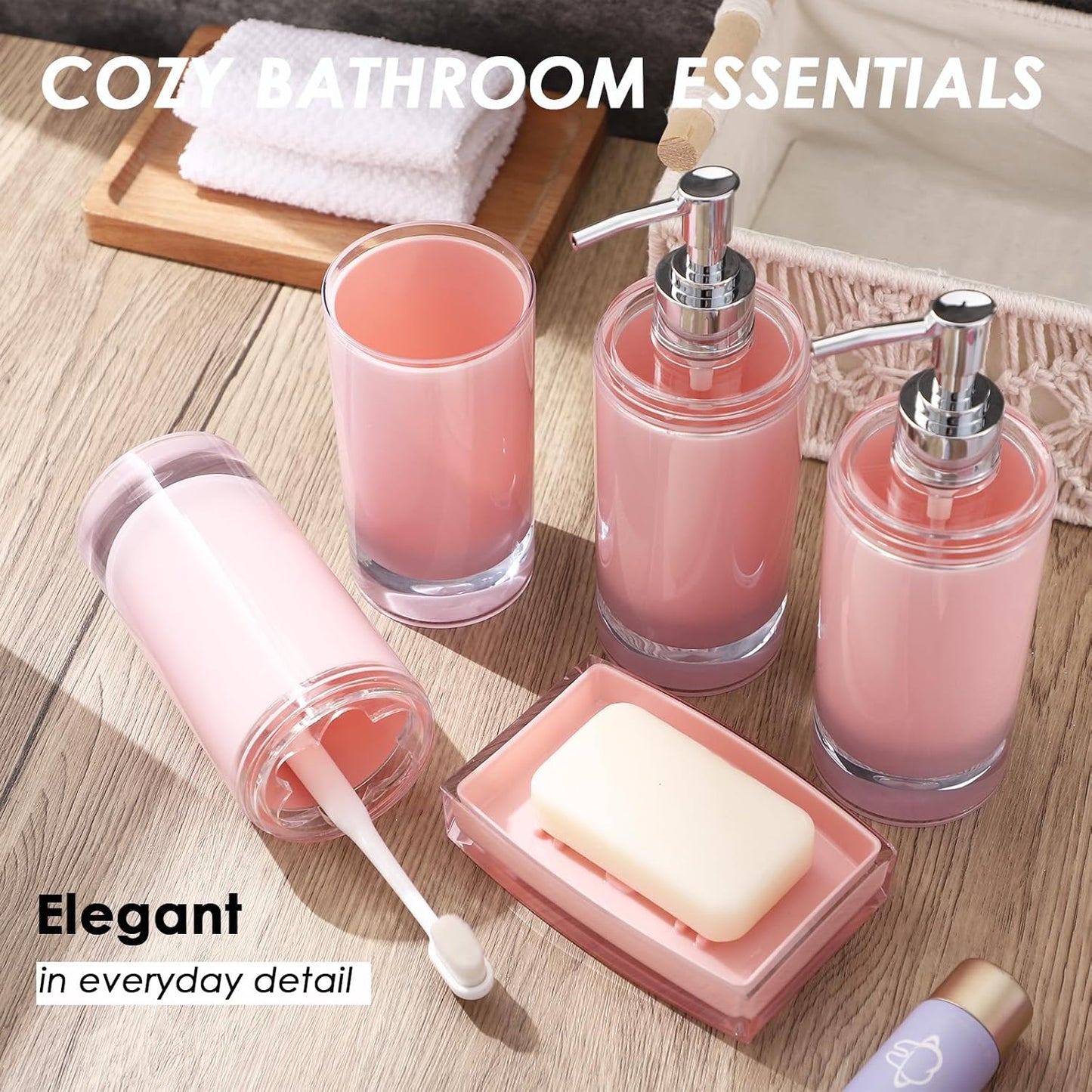 Pink Bathroom Accessories Set 6 Pieces Acrylic, Include Soap Dispenser, Toothbrush Holder, Tumbler, Soap Dish, Lables, Bathroom Countertop Set, Cute Bathroom Sink Decor