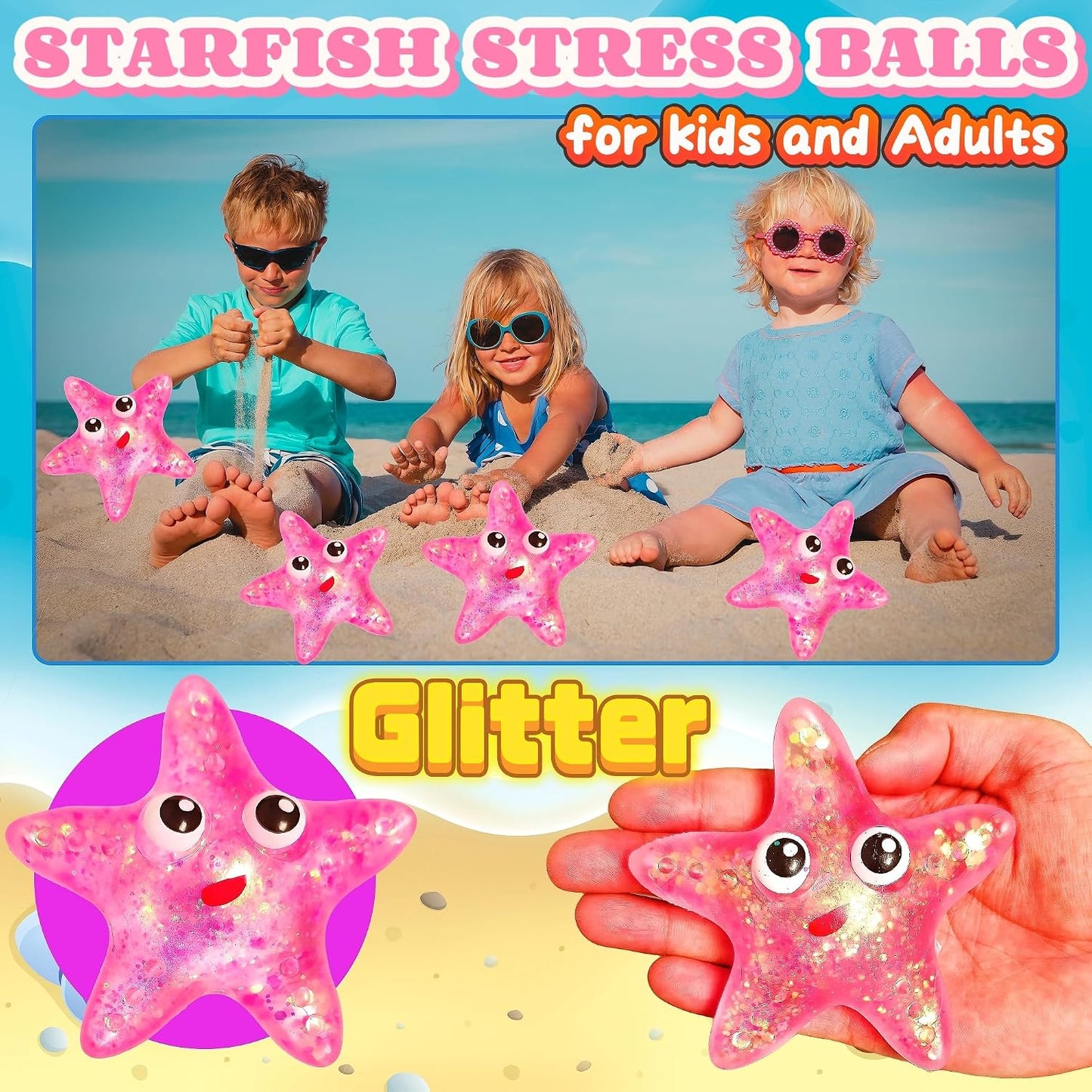 1Pcs Squishy Starfish Sugar Stress Balls Squeeze Fidget Toys for Girls and Boys Cute Anxiety Relief Starfish Toys Squishy Stress Balls for Kids and Adults Birthday Party Favors(Pink)