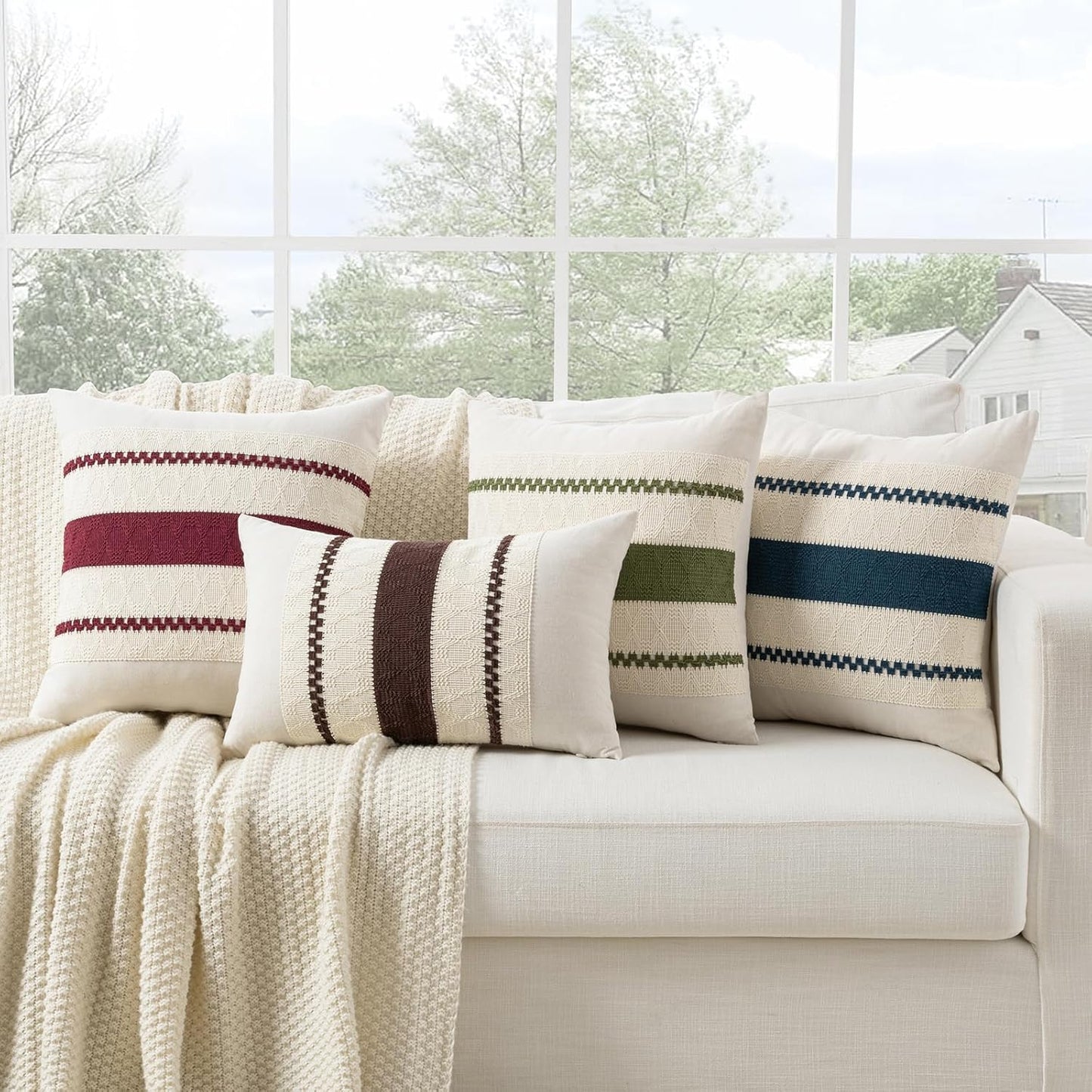 Fancy Homi Set of 2 Boho Coral Decorative Throw Pillow Cover 18x18 Inch for Couch Bed Sofa, Aesthetic Modern Organic Farmhouse Home Decor, Soft Cotton Cute Accent Macrame Woven Cushion Case