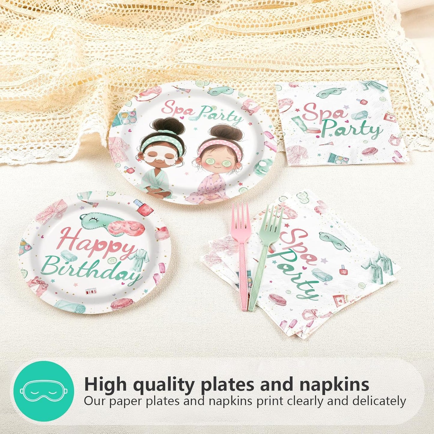 96Pcs Spa Birthday Party Supplies Slumber Sleepover Pajama Plates and Napkins Tableware Sets Pink Makeup Happy Birthday Dessert Plates Decorations Favors for Girls Baby Shower Holiday Party Serves 24