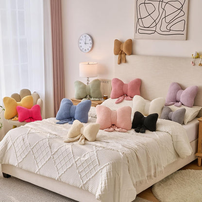 Bow Pillow, Decorative Throw Pillows with Soft Plush, Bow Throw Pillow for Couch Bed, Home Decor Bow Shaped Pillow for Bedroom Living Room (Grey Pink, 16 Inches)