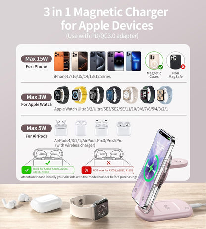 3 in 1 Magnetic Wireless Charging Station for Apple Devices, Fast Foldable Travel Mag-Safe Charger Stand with Night Light for iPhone 17 16 15 14 13 12 Series, Apple Watch/AirPods Pro, PK