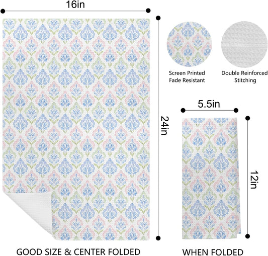 Pink and Blue Grandmillennial Hydrangea Floral Kitchen Dish Towels, Pink Striped Flower Decorative Hand Towels for Bathroom Kitchen, Preppy Floral Bathroom Decor, 16x24 Inch Set of 2