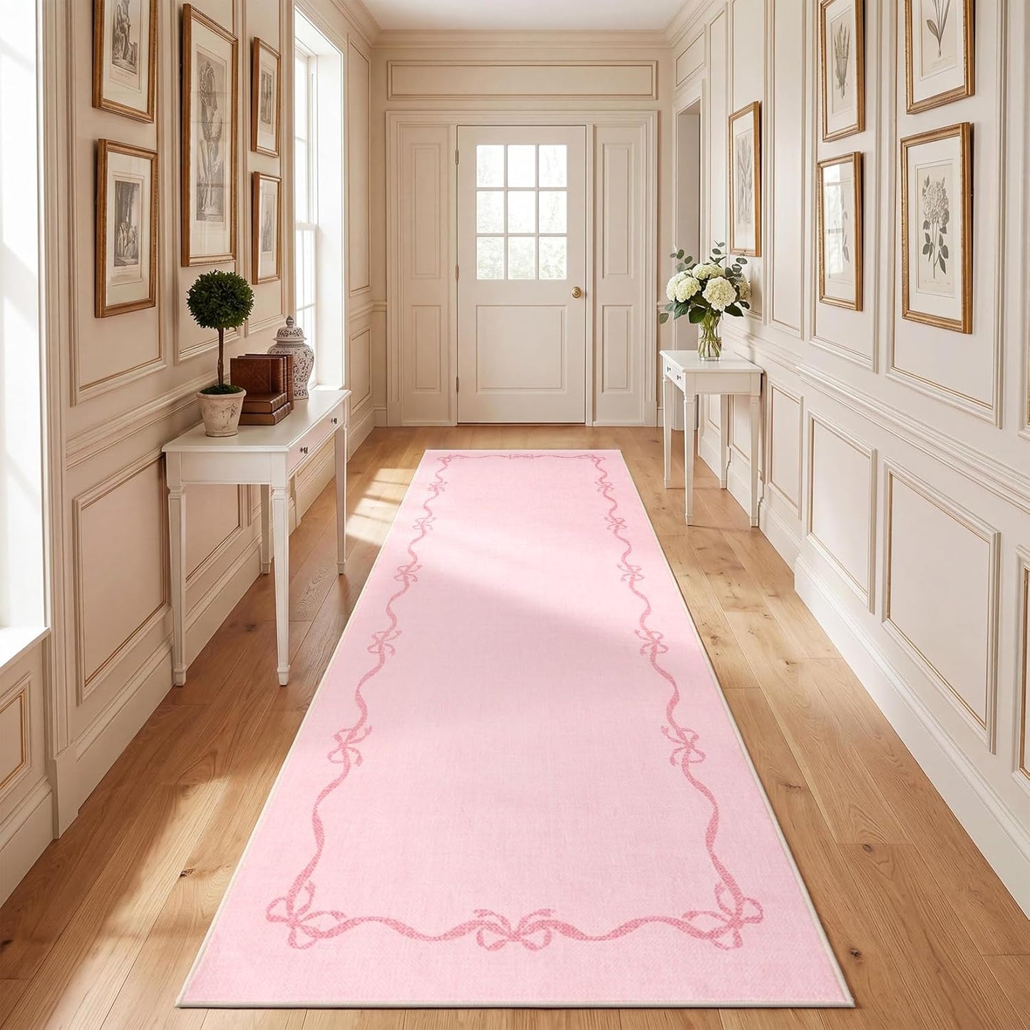 Garvee 2x6 Bow Runners for Hallways Non Slip, Kitchen Runner Rug Solid Pink Rugs for Bedroom Girls, Soft Low Pile Washable Floor Mat Coquette Rug for Nursery Entryway Dorm Laundry Room