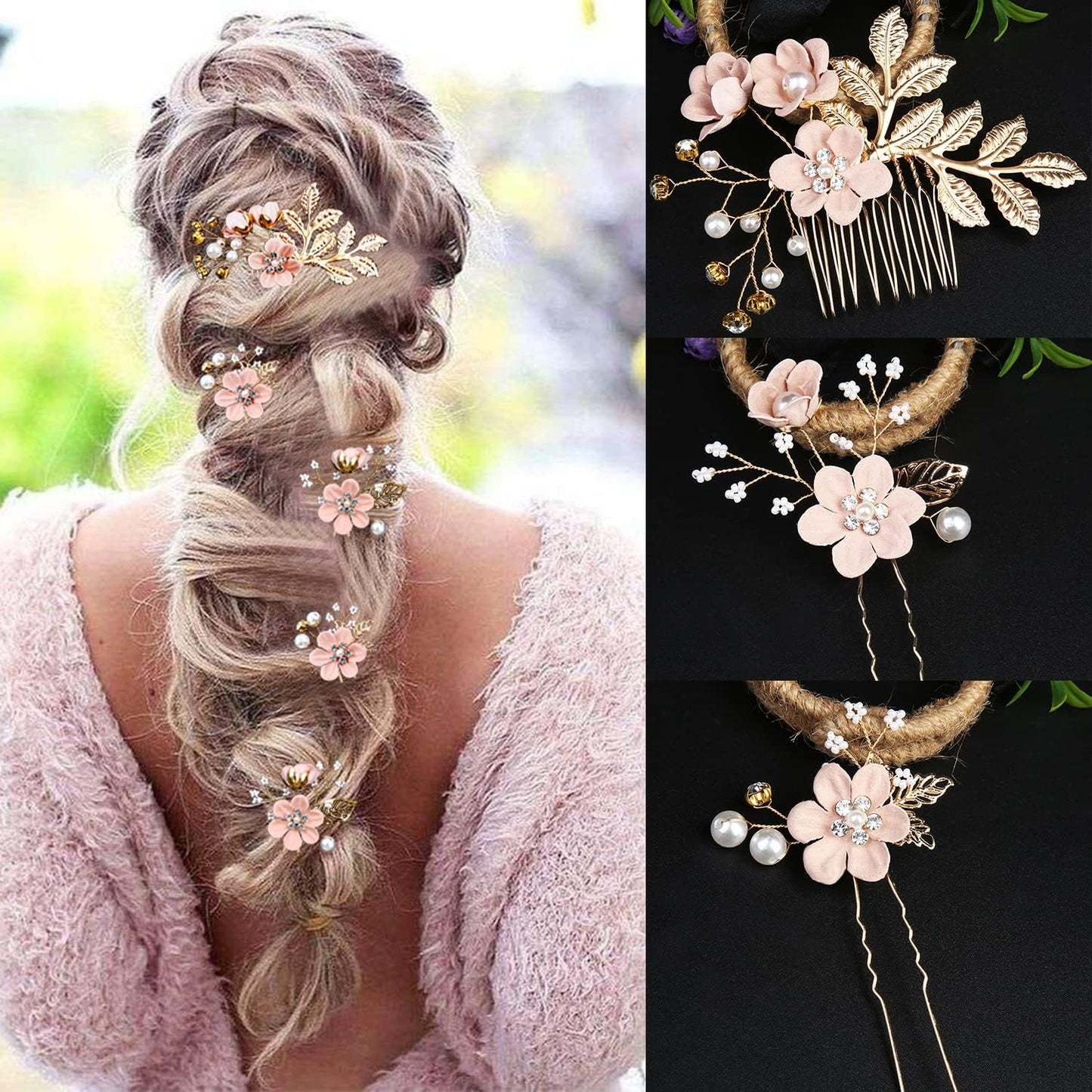 5 PCS Bridal Flower Wedding Hair Pins Crystal Pearl Hair Clips Headpiece Gold Wedding Hair Accessories Jewelry with Rhinestone for Brides Bridesmaids Women Girls Updo(Cherry Blossoms Pink)