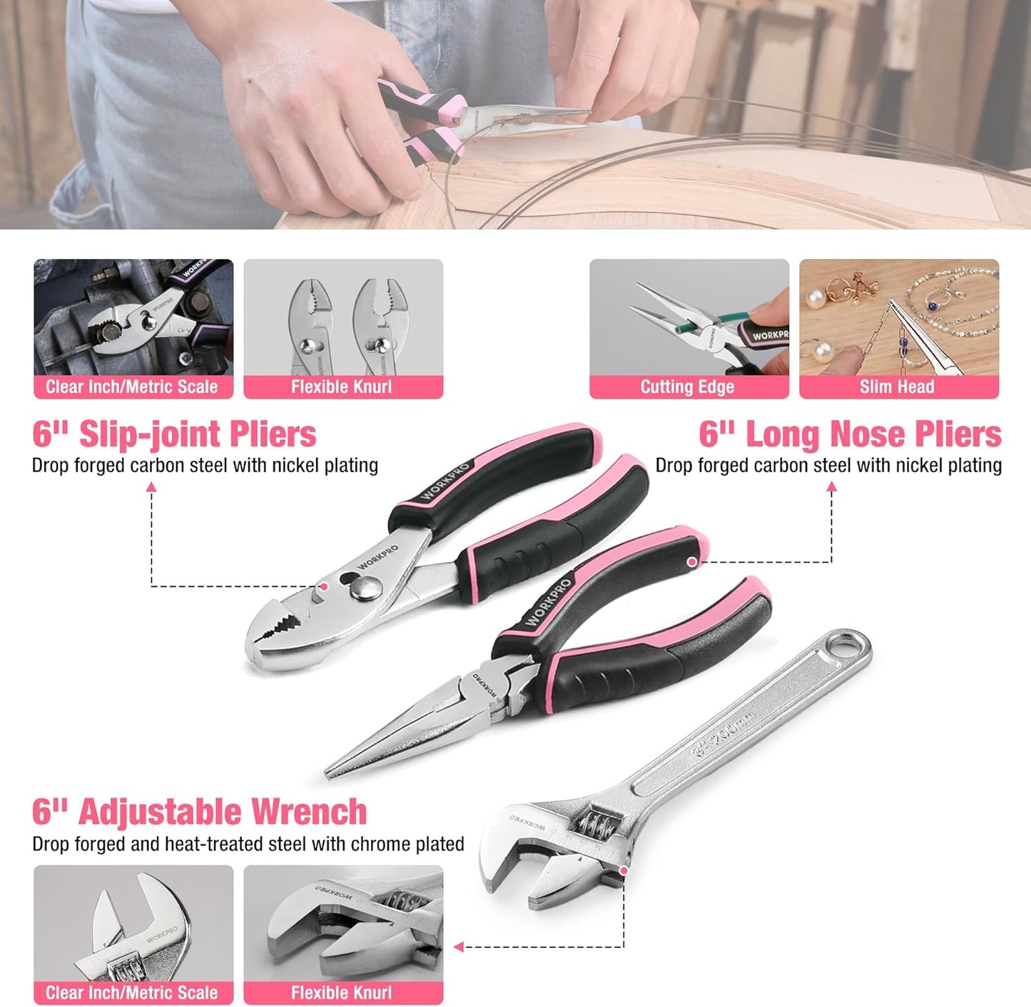 WORKPRO Pink Tool Set, 258 PCS Tool Kit for Women, Basic Household Case with Hammer, Screwdriver Set, Portable for Home Repair, New Apartment, House-Warming, DIY - Pink Ribbon