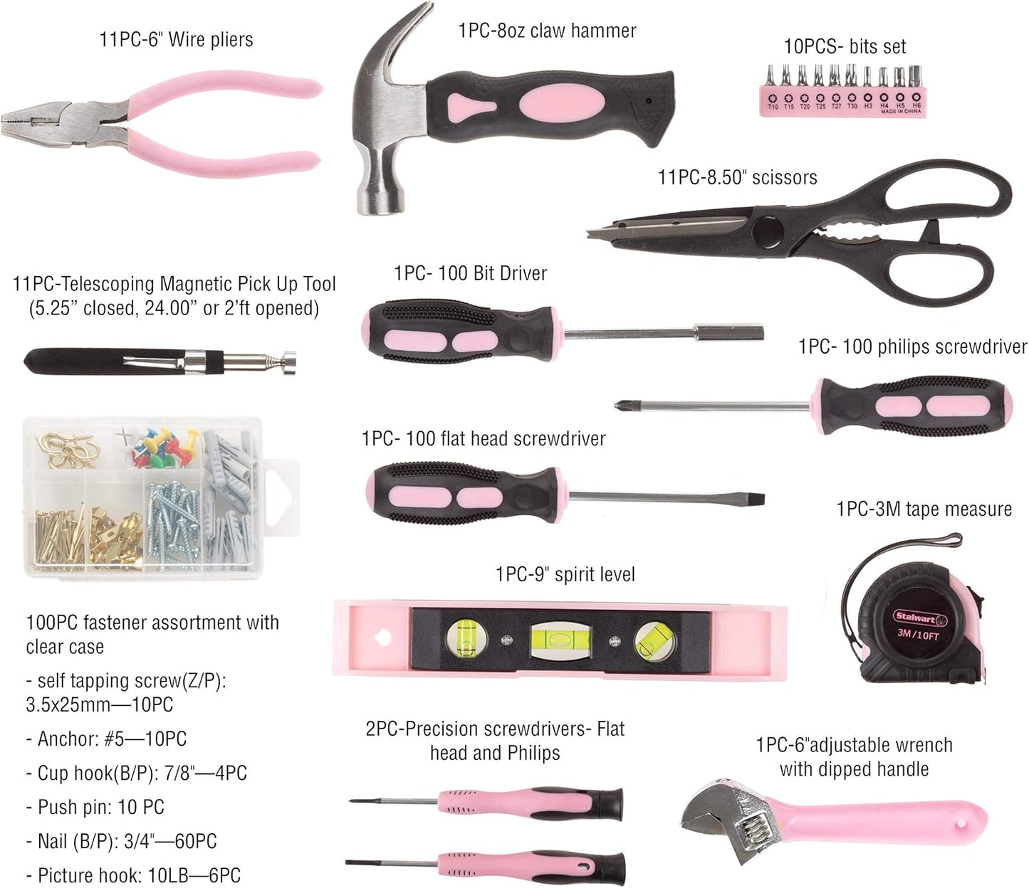 Stalwart - 75-HT4095 Tool Kit - 123 Pink Heat-Treatedpiece with Carrying Bag - Essential Steel Hand Tool & Repair Set For Apartments, Dorm, Homeowners