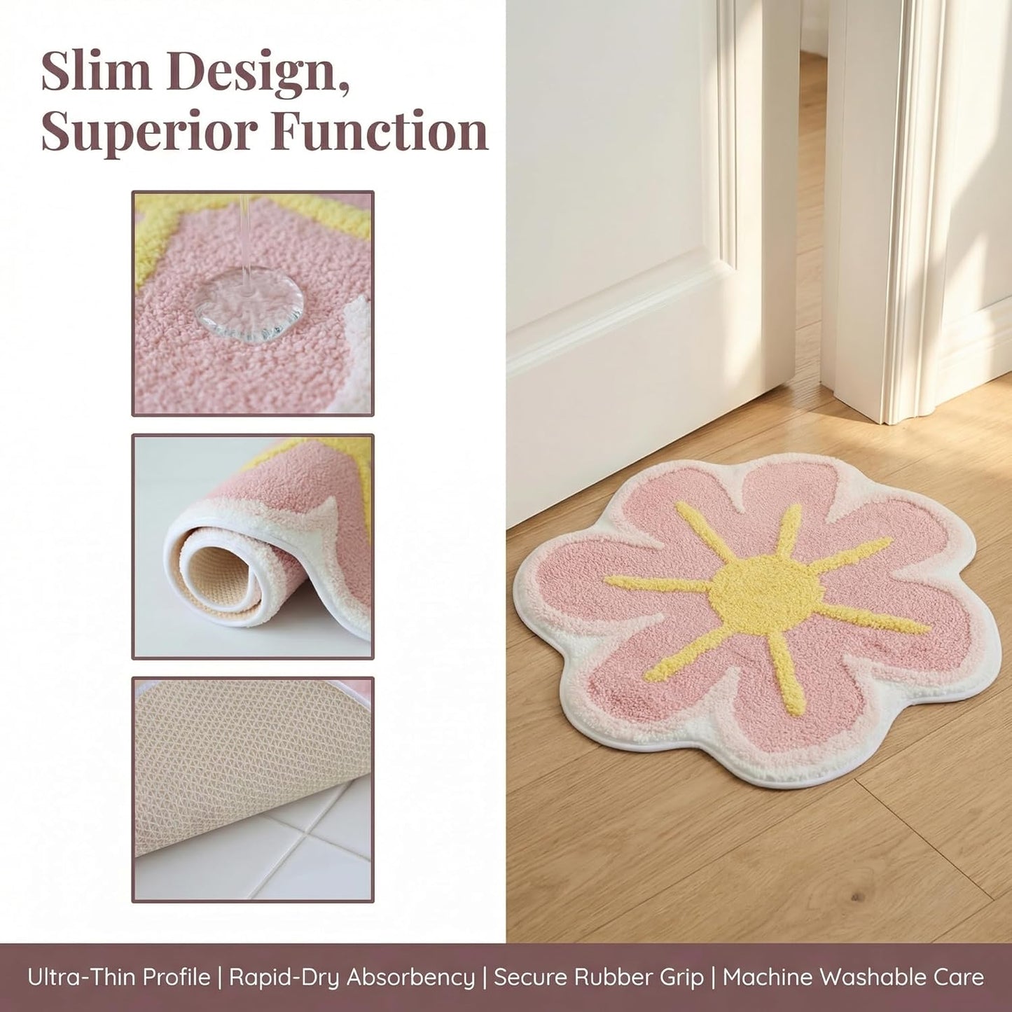 Cute Flower Shaped Bath Mat, Non-Slip TPR Backing Ultra Soft Microfiber Bathroom Rug, Machine Washable Absorbent Bath Rug for Tub Shower Sink Bedroom Dorm Restroom Toilet(24x24 Inch)