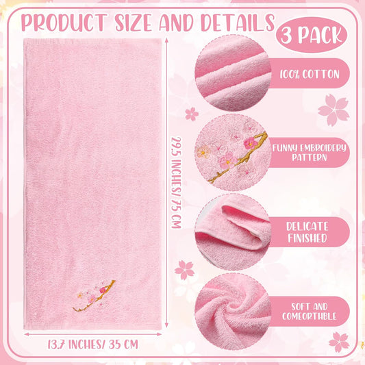 Remagr 3 Pcs Floral Hand Towels Set 100% Cotton White Pink Cherry Blossom Towel Sakura Embroidered Decorative Spring Summer Soft Absorbent Bath Towels Housewarming Gifts for Spa Guest Kitchen Bathroom