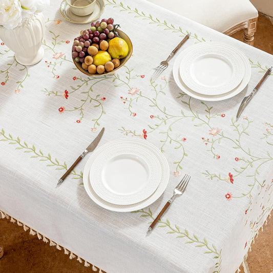 Alsoo Rectangle Tablecloth 55" x 90", Pink Floral Embroidered Table Cloth with Tassels, Farmhouse Rustic Linen Style, Heavy Weight Wrinkle & Spill Resistant Table Cover for Dining Kitchen (6-8 Seats)