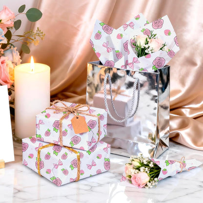 60 Sheets Gift Wrapping Tissue Paper Bulk, Pink Rose Bow Tissue Paper for Gift Bags, Decorative Art Papers for DIY Crafts Valentines Day Wedding Baby Showers Party Decor, 20x14 Inches