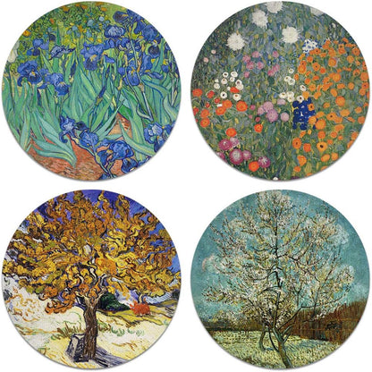 CARIBOU Coasters - Irises, Mulberry, The Pink Peach Tree by Vincent Van Gogh, Gustav Klimt Flower Garden Design Absorbent Round Fabric Felt Neoprene Coasters for Drinks, 4pcs Set