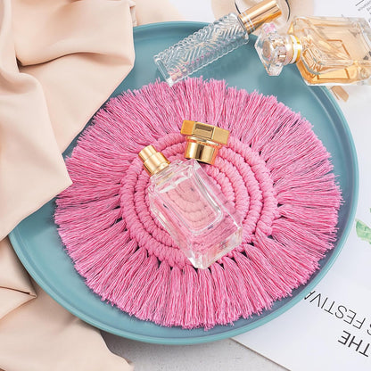 Pndeyo Round Coasters for Drinks Absorbent, Boho Braided Coasters with Tassels, Heat Resistant Cotton Coffee Cup Mat for Home Decor Wooden Tabletop Protection- Pink