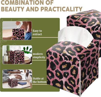 Pink Leopard Print Decorative Leather Tissue Box Cover - Tissue Box Holder Gifts for Women Family and Friends Funny Unique Home Decor Decorative for Kids Room Kitchen Bathroom Office - A01