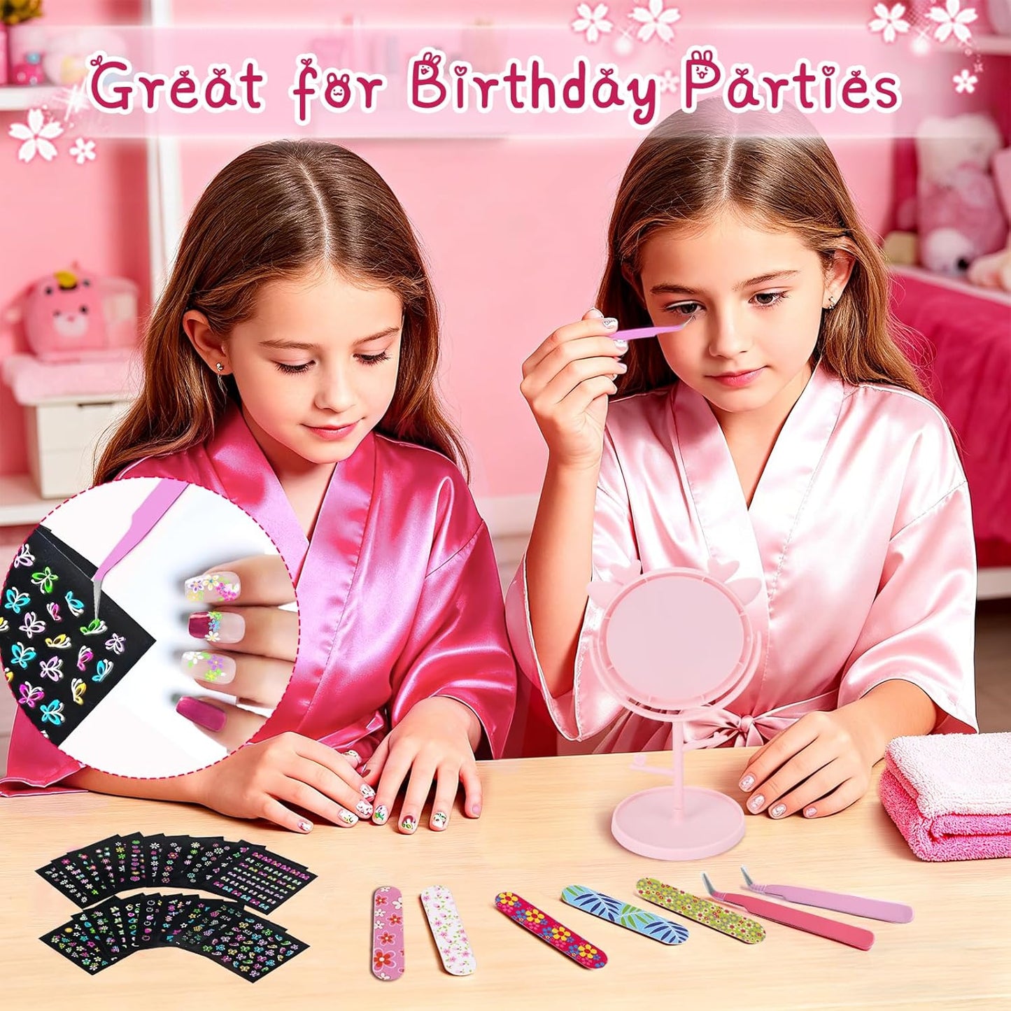 6 Set Spa Party Supplies Kit,83pcs with Satin Robes Headbands Slippers for Sleepover Slumber Birthday Party Gifts
