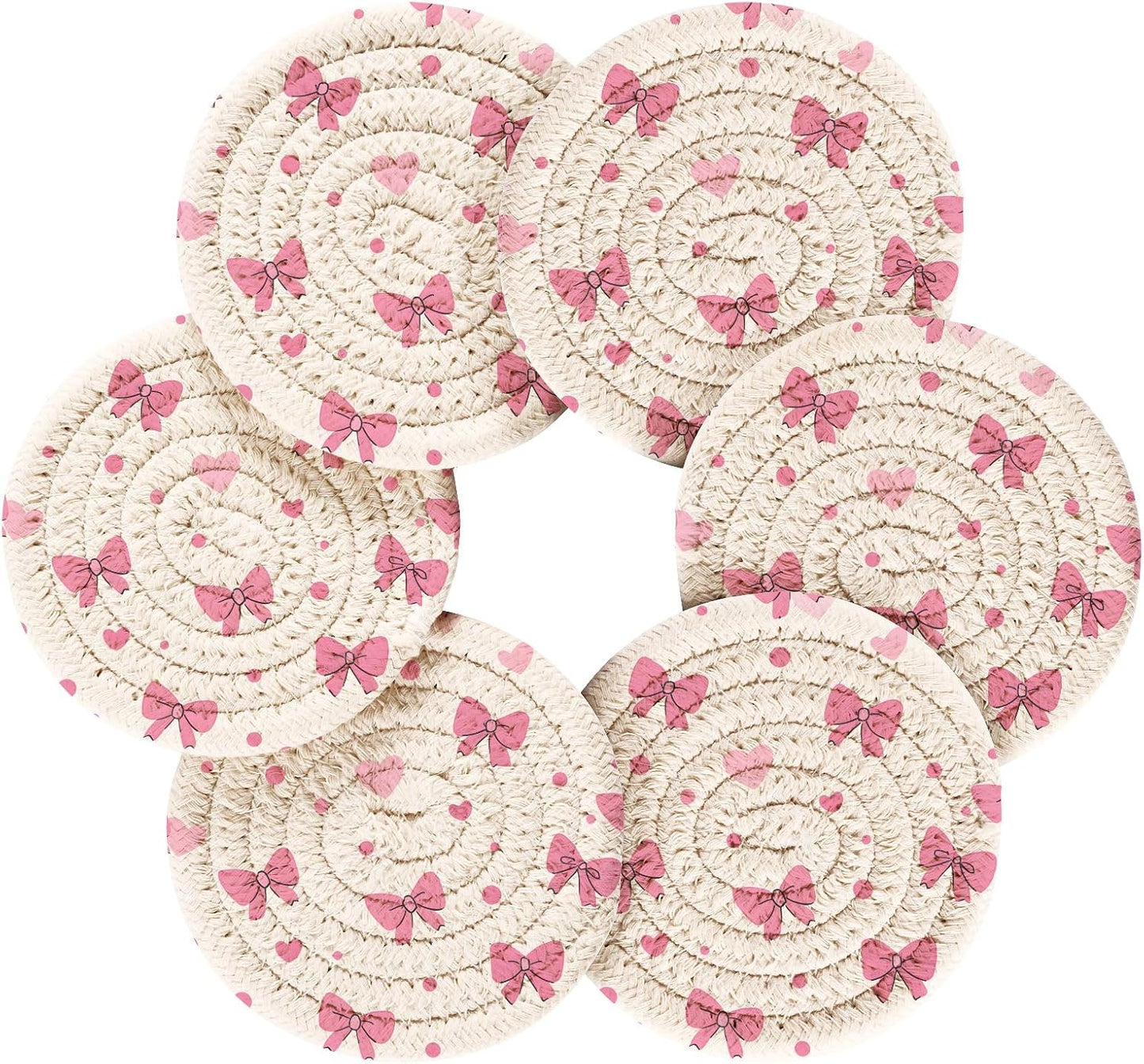 Pink Bows Hearts Pattern Coasters Set of 6 with Holder Absorbent Round Coasters for Wooden Table Tabletop Protection Party Christmas Decor House Warming
