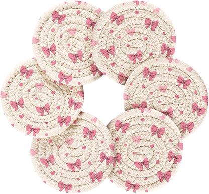 Pink Bows Hearts Pattern Coasters Set of 6 with Holder Absorbent Round Coasters for Wooden Table Tabletop Protection Party Christmas Decor House Warming