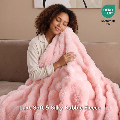 Smoofy Faux Fur Throw Blanket for Couch - Blush Pink Super Soft Cozy Bubble Blanket, Fluffy Plush Fuzzy Throw for Sofa & Bed, Thick Lightweight Warm Blanket, Luxury Aesthetic Gift for Women 50"x60"