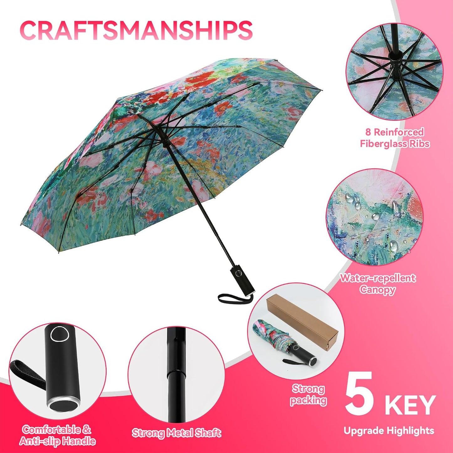Van Gogh Folding Umbrella, Travel Umbrella with Starry Night Design, Auto Open & Close - Portable Compact Umbrella - Lightweight & Packable for Women & Men